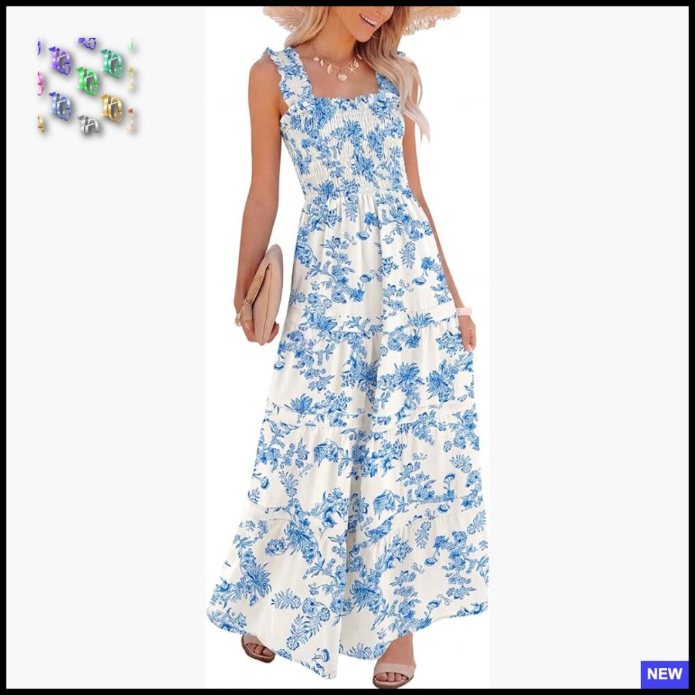Sleeveless Maxi Dress Smocked Bodice Tiered A-Line Boho Casual Flowy Sundress